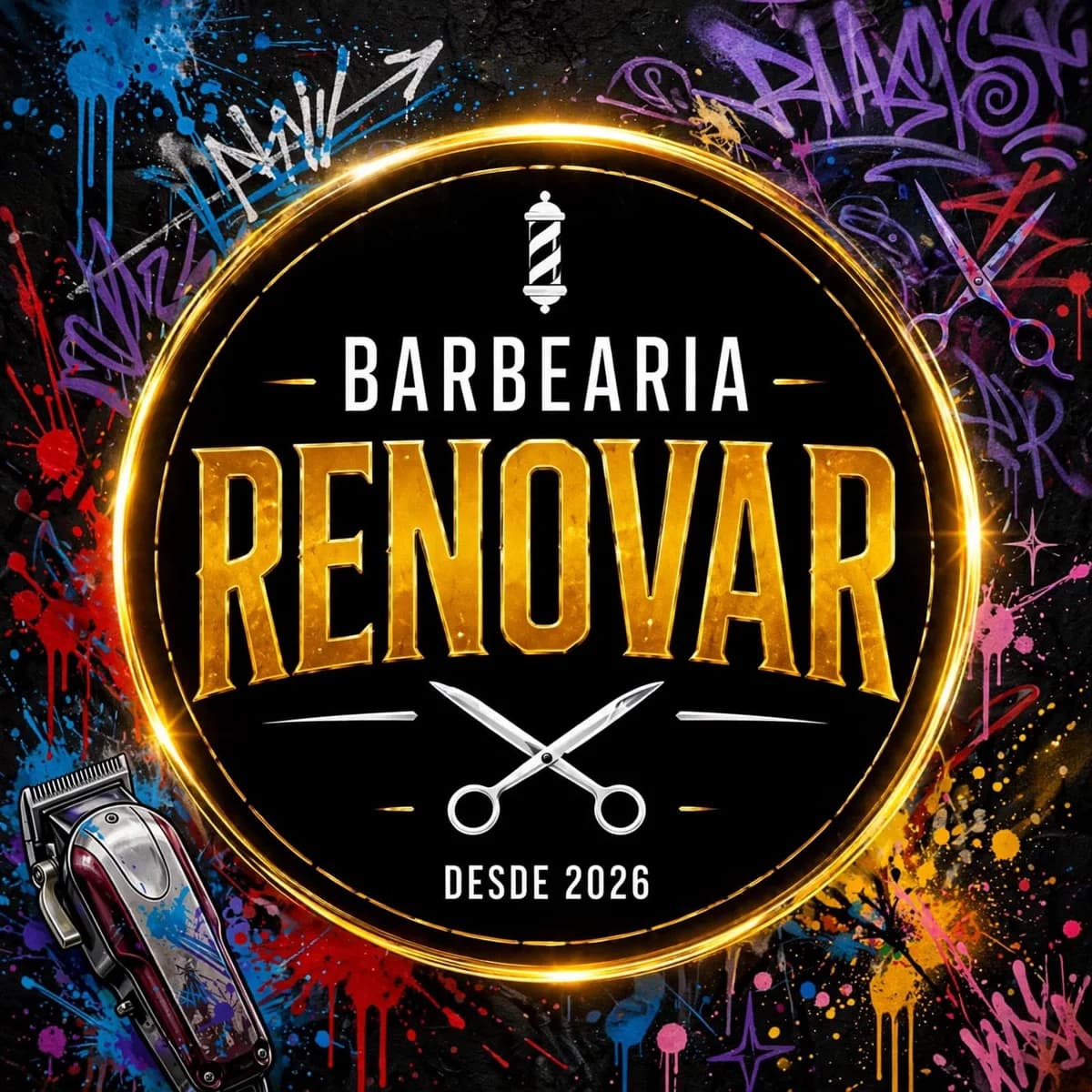 Logo da Barbearia Renovar sobre muro grafitado